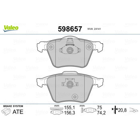 VALEO 598657 Brzdové platničky Predné pre