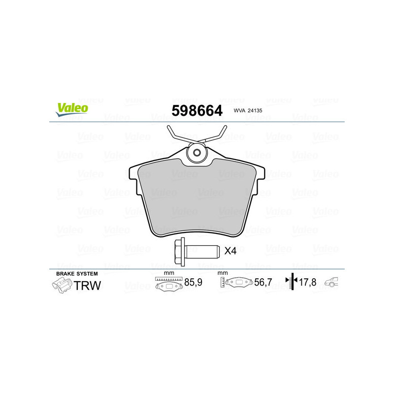 VALEO 598664 Klocki hamulcowe Tył dla