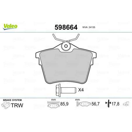 VALEO 598664 Brzdové platničky Zadné pre