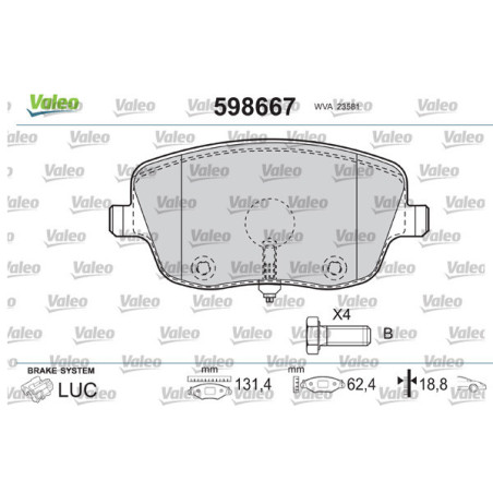 VALEO 598667 Brzdové platničky Predné pre