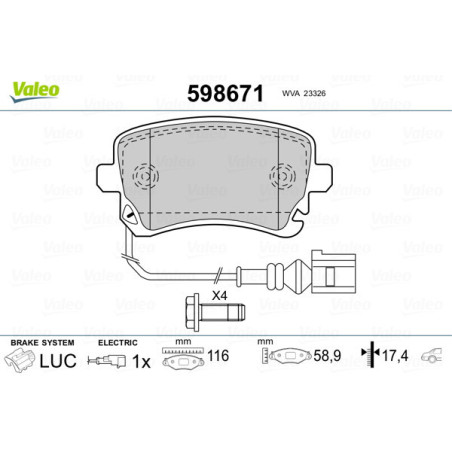 VALEO 598671 Pastiglie freno Posteriore per