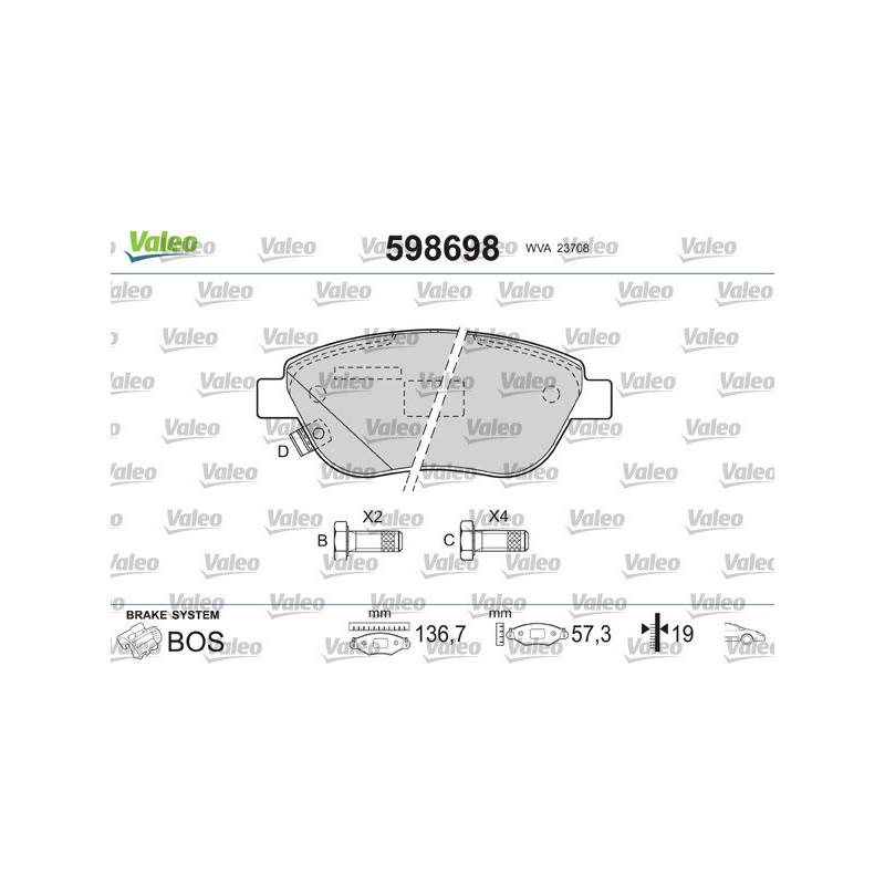 VALEO 598698 Brzdové platničky Predné pre