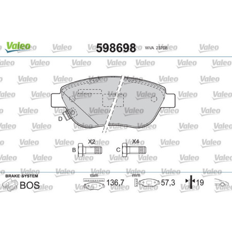 VALEO 598698 Pastiglie freno Anteriore per