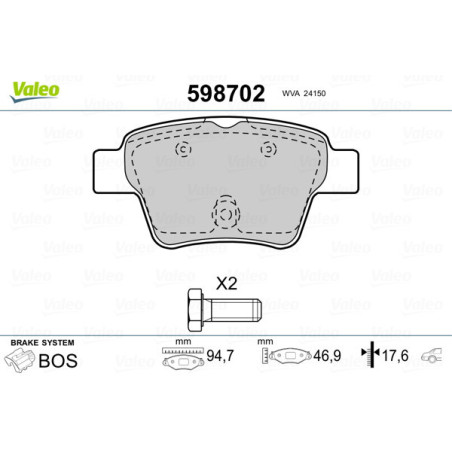 VALEO 598702 Klocki hamulcowe Tył dla