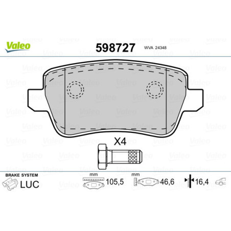 VALEO 598727 Pastiglie freno Posteriore per