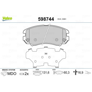 VALEO 598744 Brzdové platničky Predné pre