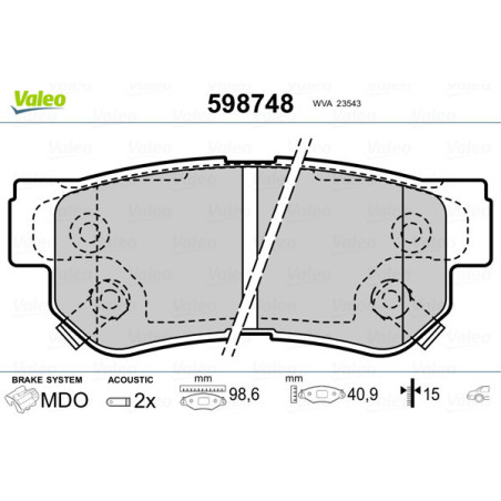 VALEO 598748 Brzdové destičky Zadní pro