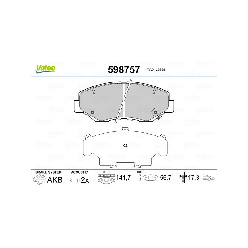 VALEO 598757 Brzdové platničky Predné pre