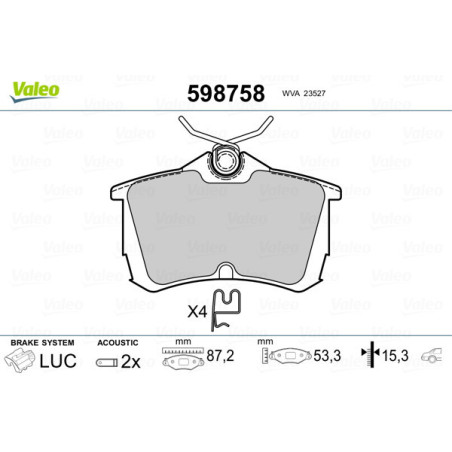VALEO 598758 Brzdové destičky Zadní pro
