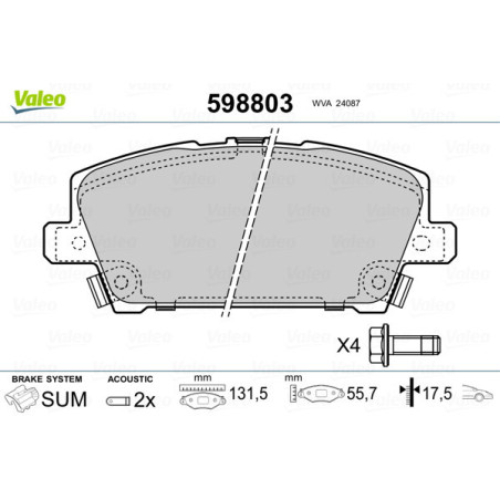 VALEO 598803 Brzdové platničky Predné pre