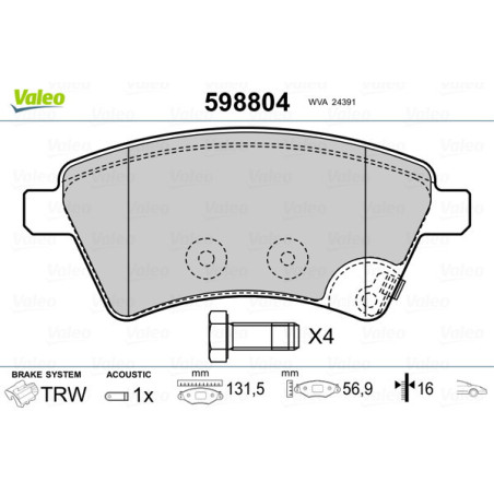VALEO 598804 Bremsbeläge Vorne für