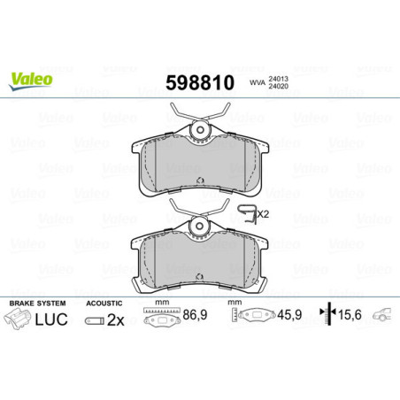 VALEO 598810 Klocki hamulcowe Tył dla