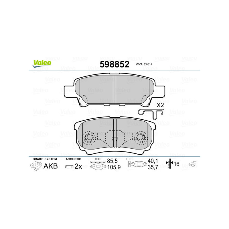 VALEO 598852 Klocki hamulcowe Tył dla