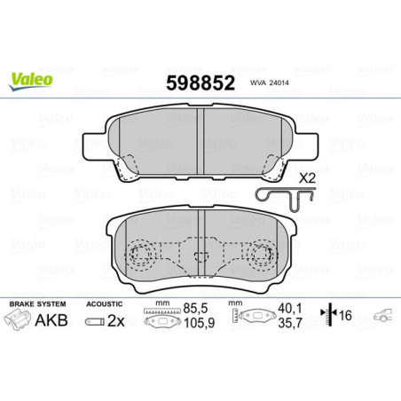 VALEO 598852 Klocki hamulcowe Tył dla