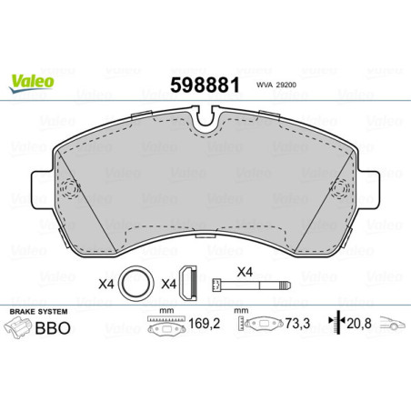 VALEO 598881 Brzdové platničky Predné pre