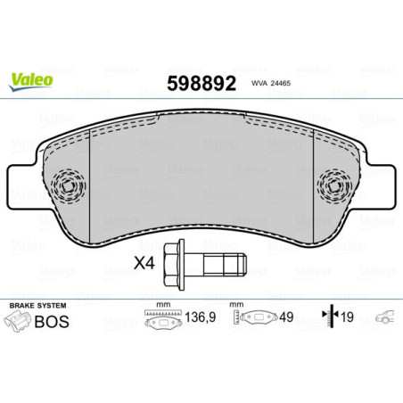 VALEO 598892 Klocki hamulcowe Tył dla