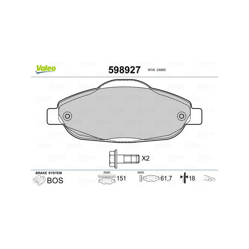 VALEO 598927 Brzdové platničky Predné pre