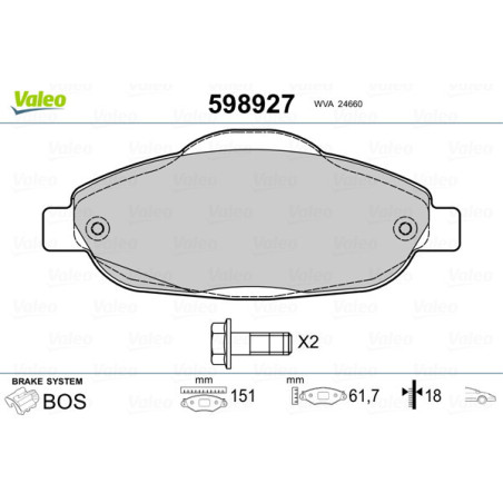 VALEO 598927 Brzdové platničky Predné pre