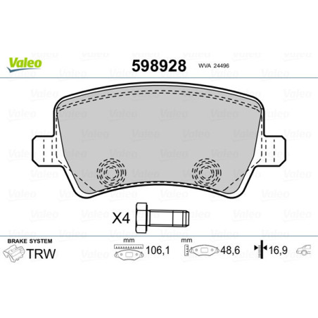 VALEO 598928 Brzdové destičky Zadní pro