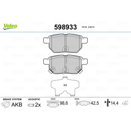 VALEO 598933 Brzdové destičky Zadní pro