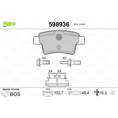 VALEO 598936 Bremsbeläge Hinten für