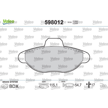 VALEO 598012 Klocki hamulcowe Przód dla
