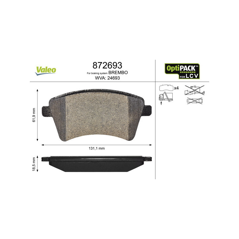 VALEO 872693 Brzdové platničky Predné pre