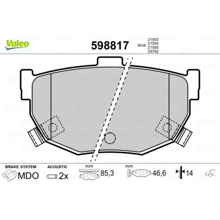 VALEO 598817 Brzdové destičky Zadní pro