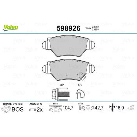 VALEO 598926 Brzdové platničky Zadné pre