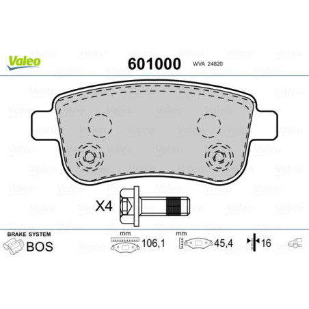 VALEO 601000 Plaquettes de frein Arrière pour