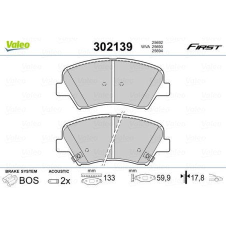 VALEO 302139 Brzdové platničky Predné pre