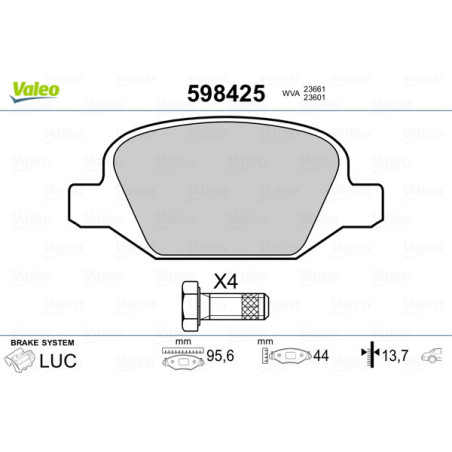 VALEO 598425 Klocki hamulcowe Tył dla