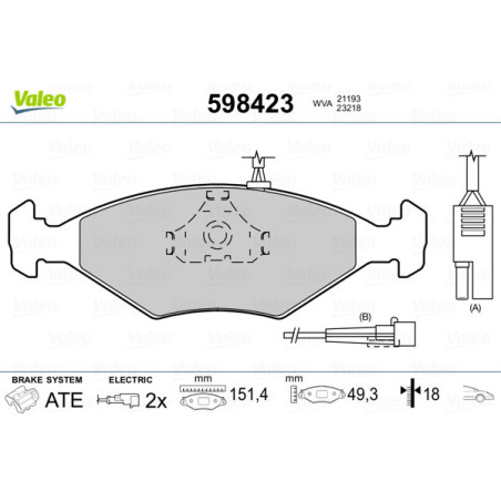 VALEO 598423 Brzdové platničky Predné pre