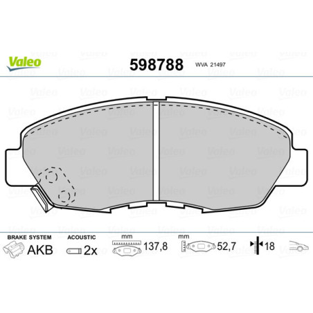 VALEO 598788 Brzdové destičky Přední pro