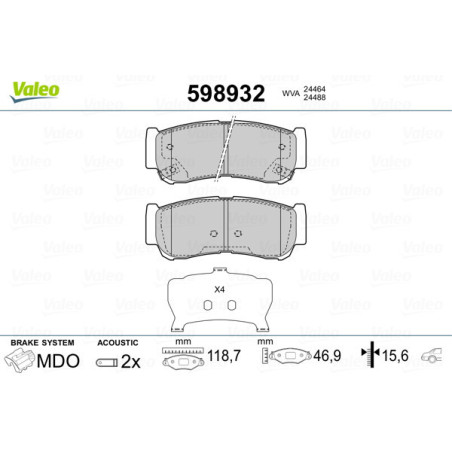 VALEO 598932 Brzdové platničky Zadné pre