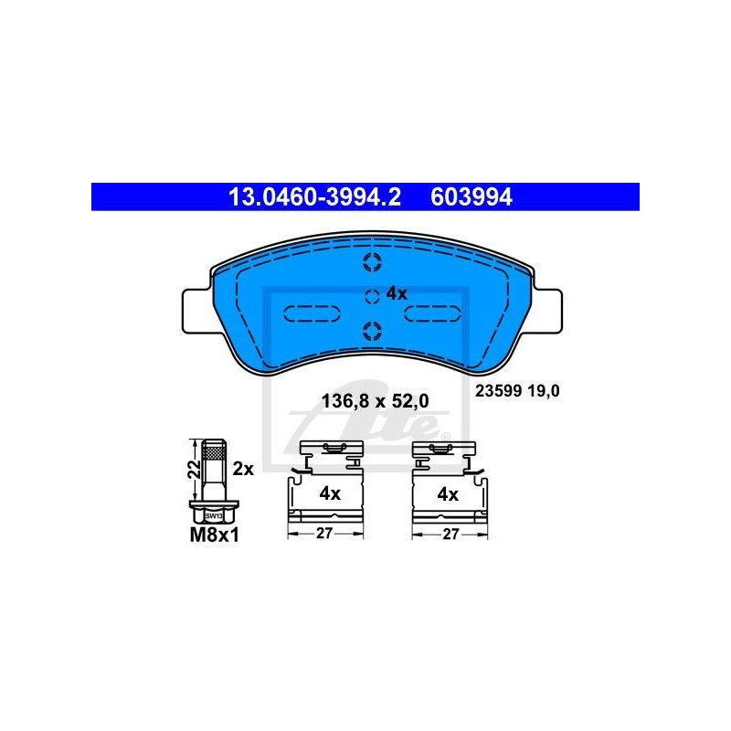 ATE 13.0460-3994.2 Pastillas de freno delantero para Partner C3 Aircross Picasso 208 Berlingo 206 DS