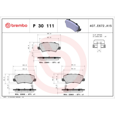 BREMBO P 30 111 Brzdové platničky zadné pre Kia Picanto