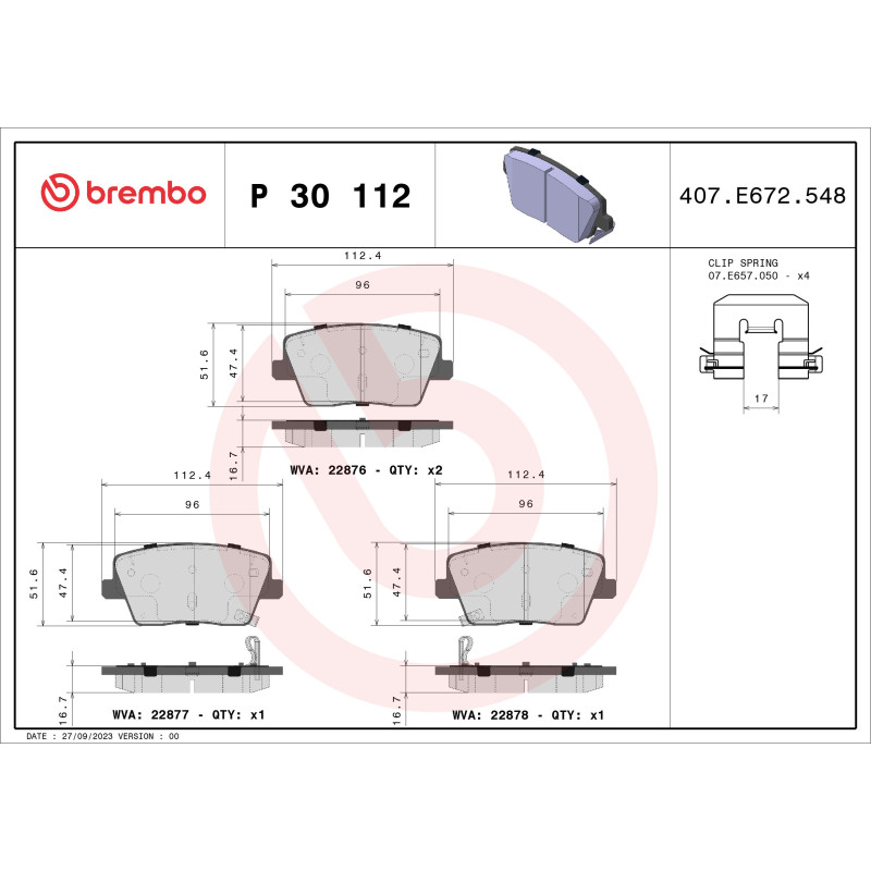 BREMBO P 30 112 Plaquettes de frein arrière pour Hyundai i30 Kona