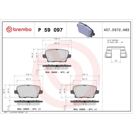 BREMBO P 59 097 Pastillas de freno trasero para Insignia