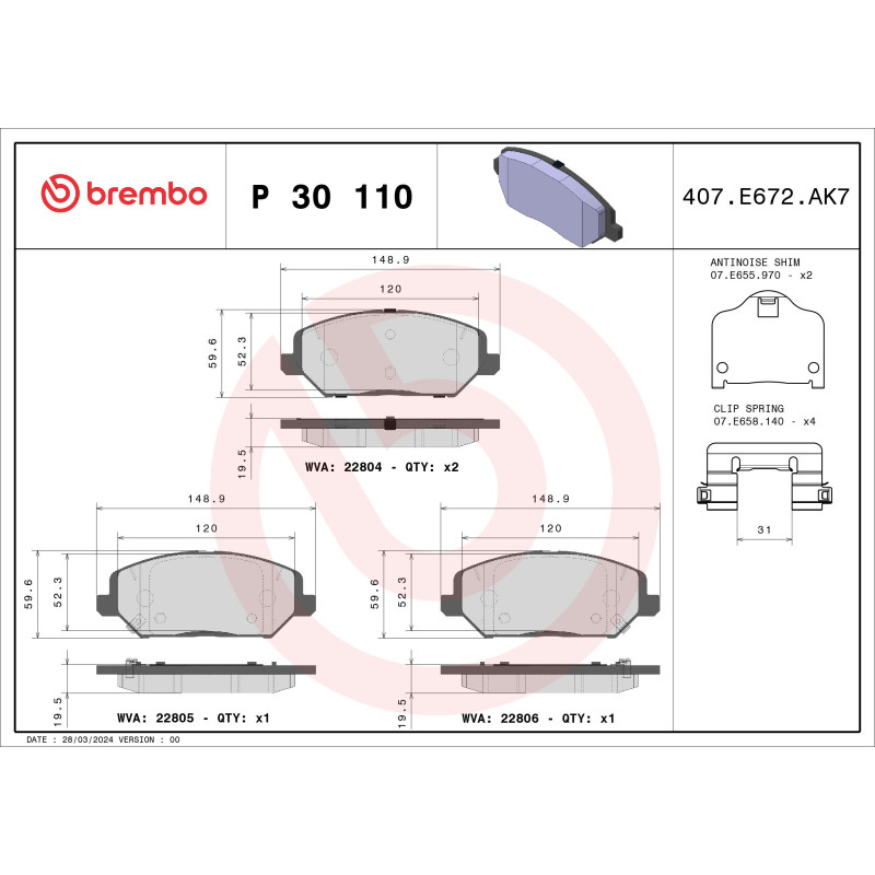 BREMBO P 30 110 Klocki hamulcowe przód dla Ceed i30 XCeed ProCeed