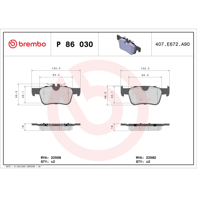 BREMBO P 86 030 Brzdové platničky zadné pre Volvo V90 XC60 S90 V60 S60