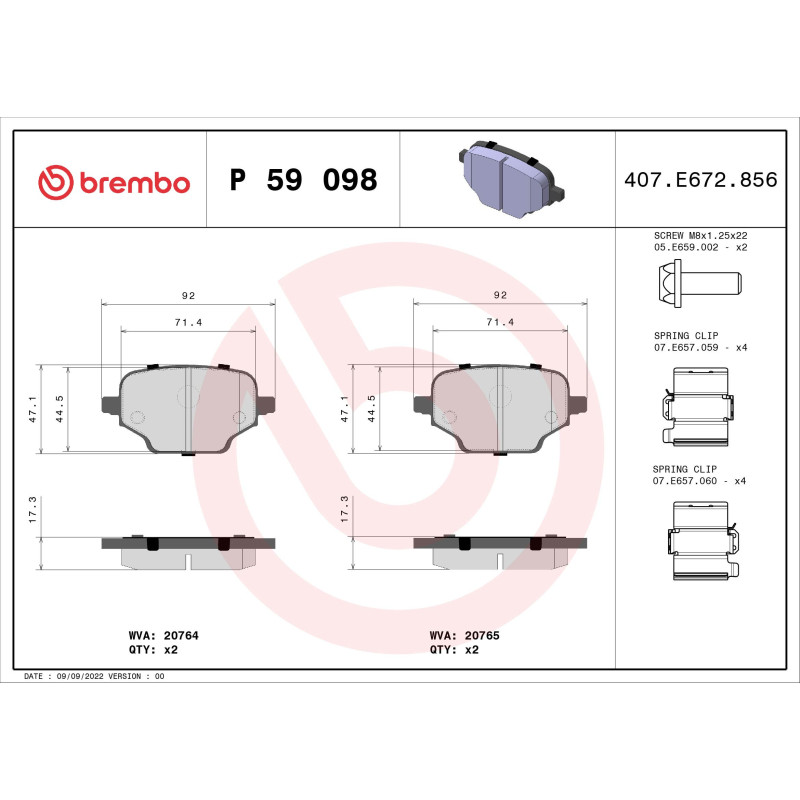 BREMBO P 59 098 Plaquettes de frein arrière pour Combo Berlingo Partner Rifter Proace City City