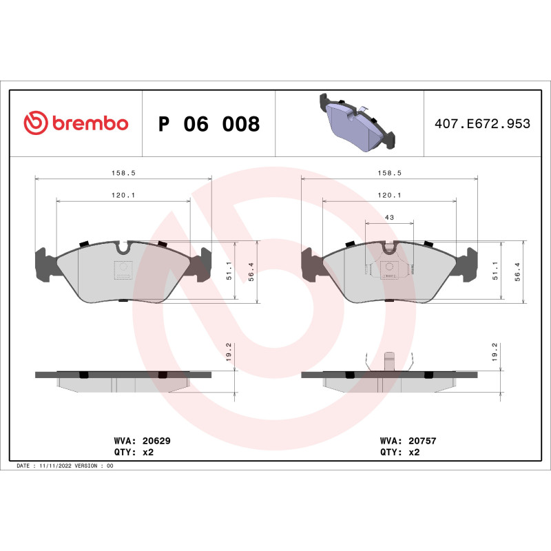 BREMBO P 06 008 Plaquettes de frein avant pour 5 Biturbo 6 3 Ghibli 228 B6 Karif Mondial 420/430 928