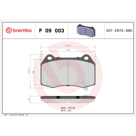 BREMBO P 09 003 Brzdové destičky zadní pro Camaro STS CTS Challenger
