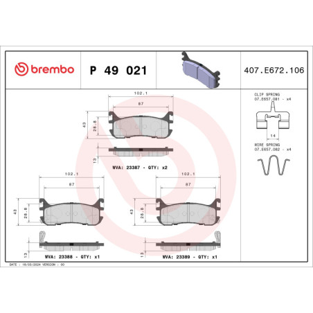 BREMBO P 49 021 Brake Pads Set Rear for MX-5 FAMILIA Escort
