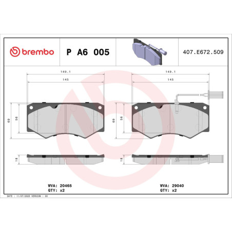 BREMBO P A6 005 Plaquettes de frein avant pour Iveco Daily