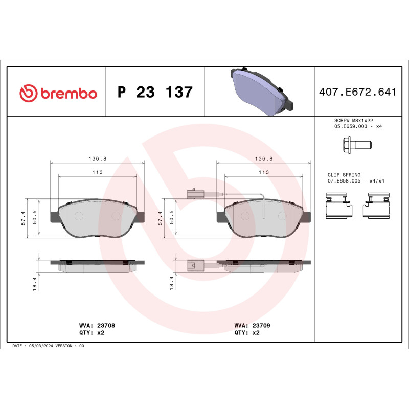 BREMBO P 23 137X Plaquettes de frein avant pour Doblo Combo Punto 500 500C Fiorino Bravo Linea Qubo