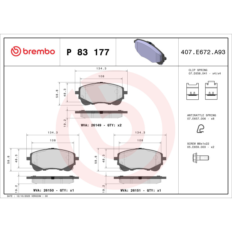 BREMBO P 83 177 Plaquettes de frein avant pour Corolla Swace Yaris Cross