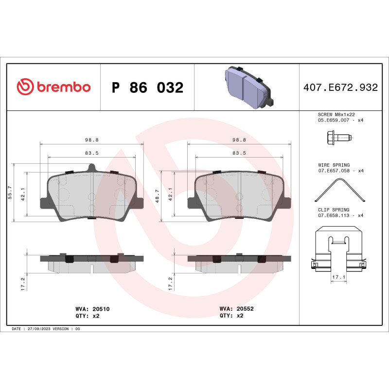 BREMBO P 86 032 Brake Pads Set Rear for Volvo XC40