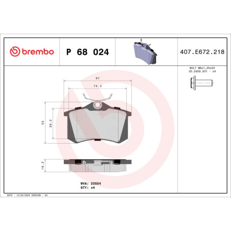 BREMBO P 68 024X Plaquettes de frein arrière pour Megane Scenic Clio C3 Aircross Fluence Note Thalia